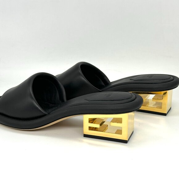 FENDI Baguette Cutout FF Logo Heel Wide Band Slide Mule Sandals Shoes Black - Picture 13 of 16